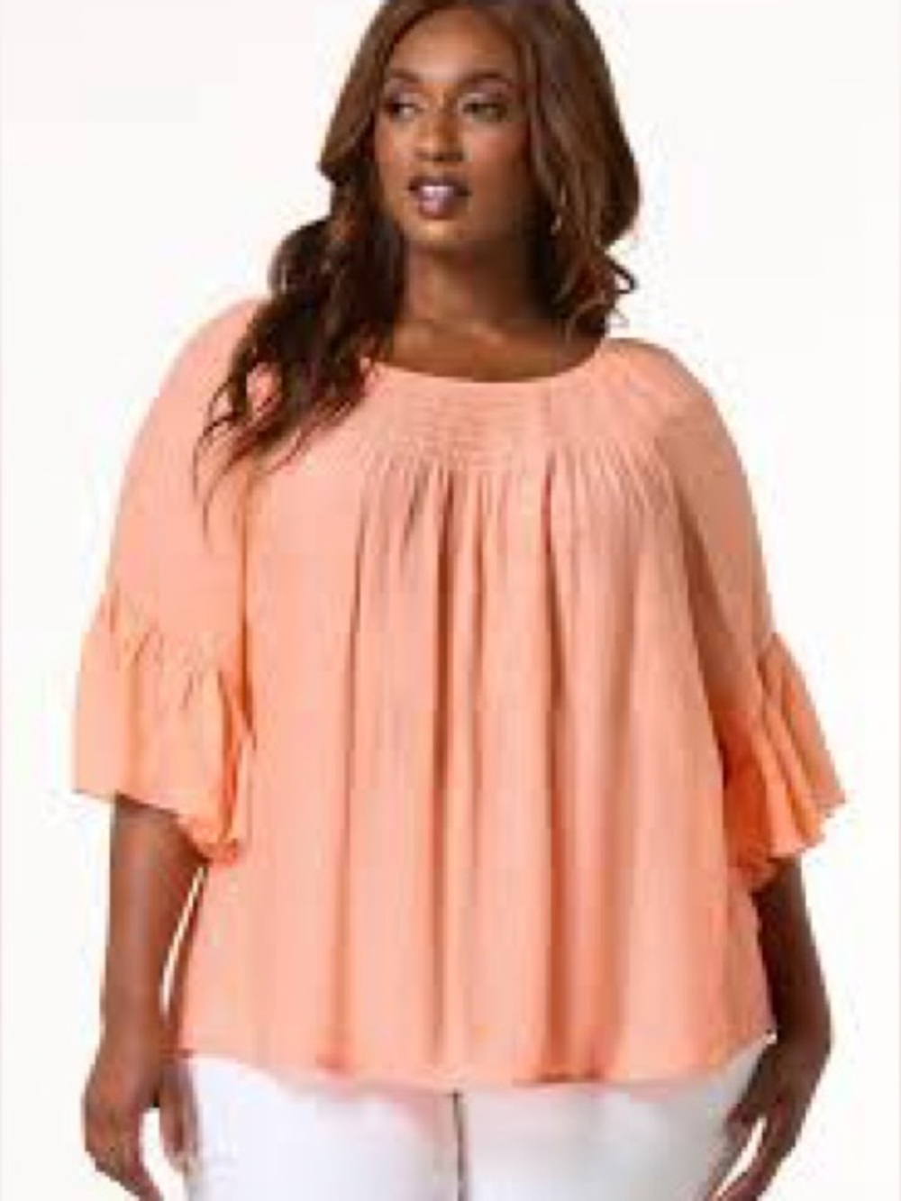 Peach Smocked Yoke Ruffle Sleeve Women’s Top Large